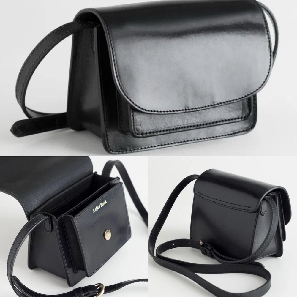 & Other Stories Black Leather Flap Over Crossbody Bag Structured Small